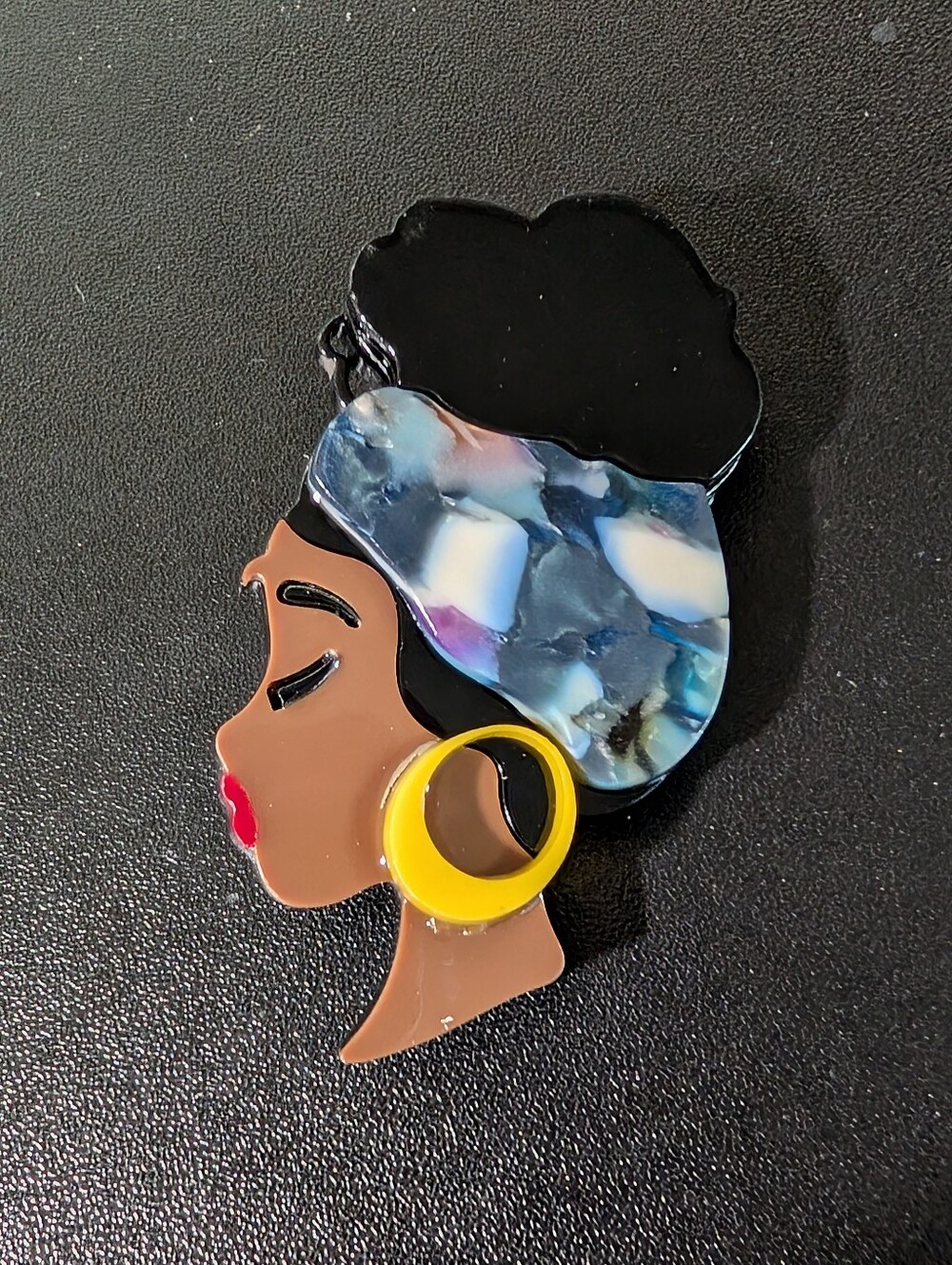 Black Woman Profile Layered Acrylic Brooch Blue Headwrap Yellow Hoop Earring